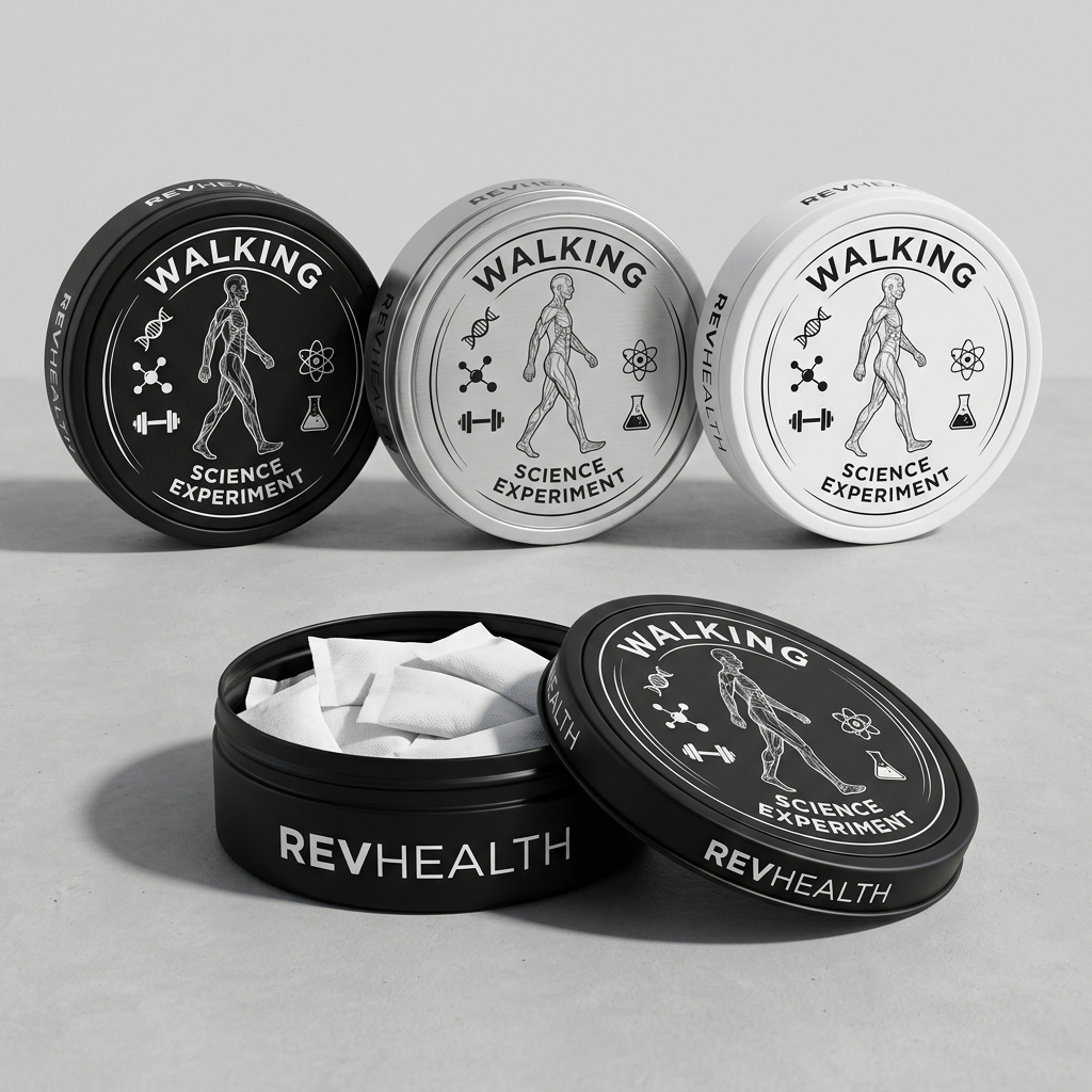 Nootropic pouch concept mockup — RevHealth Walking Science Experiment tins